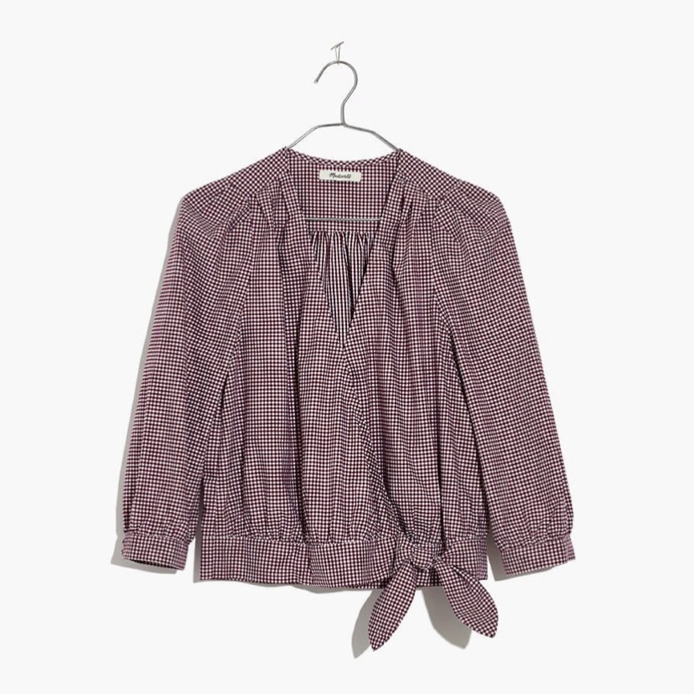 Madewell Gingham 3/4 Sleeve Wrap Top